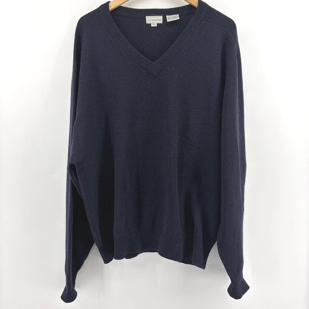 Jacobson's Mens Vintage XL Navy Blue‎ 100% Lambswool V-Neck Sweater Knit Wool